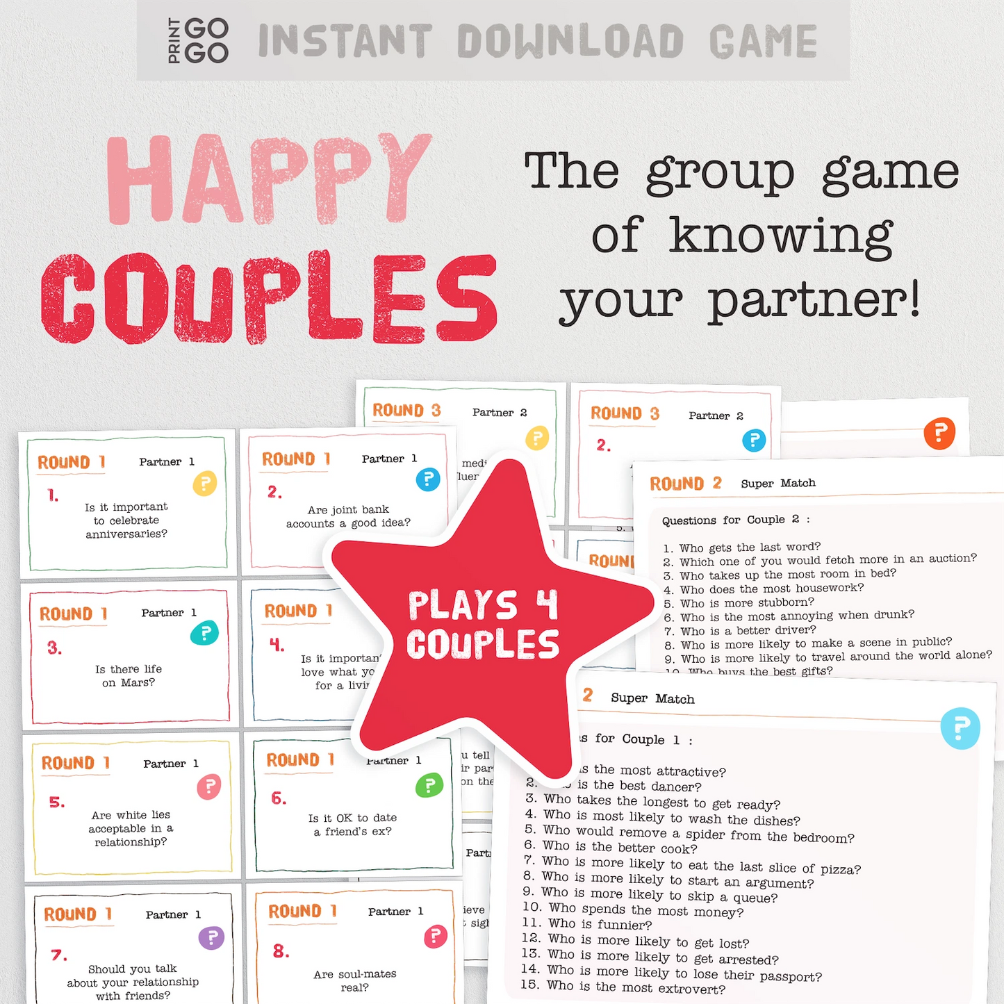 Instant download game called Happy Couples - The Group Game of Knowing Your Partner!