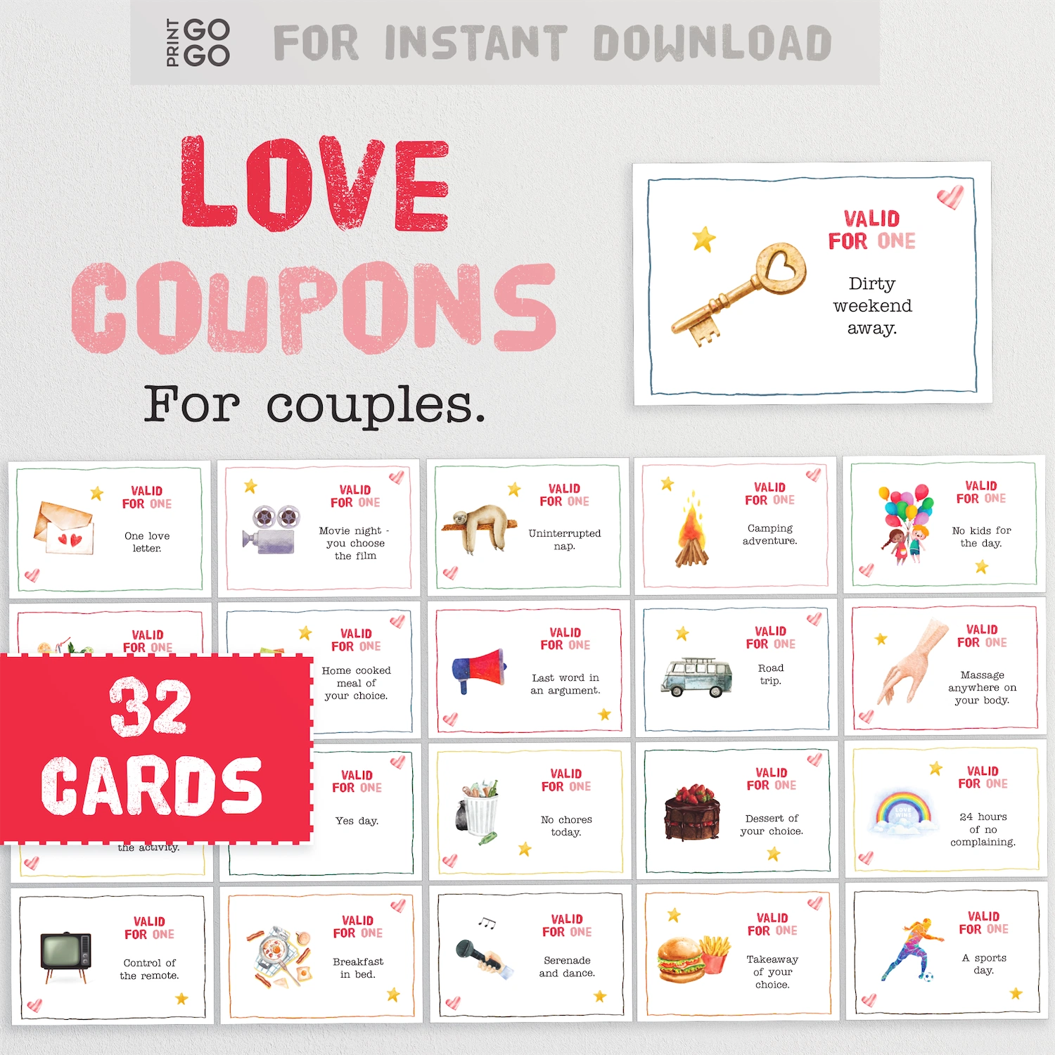 Collection of love coupons for couples with various activities and items on a gray background.