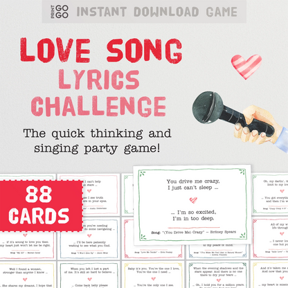 Love song lyrics challenge game with microphone illustration and card samples on a light gray background.