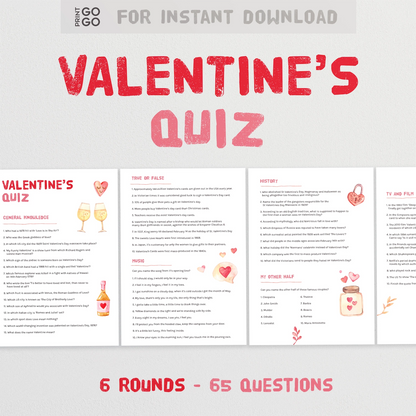 Instant download Valentine's Quiz document with text and graphics on a white background