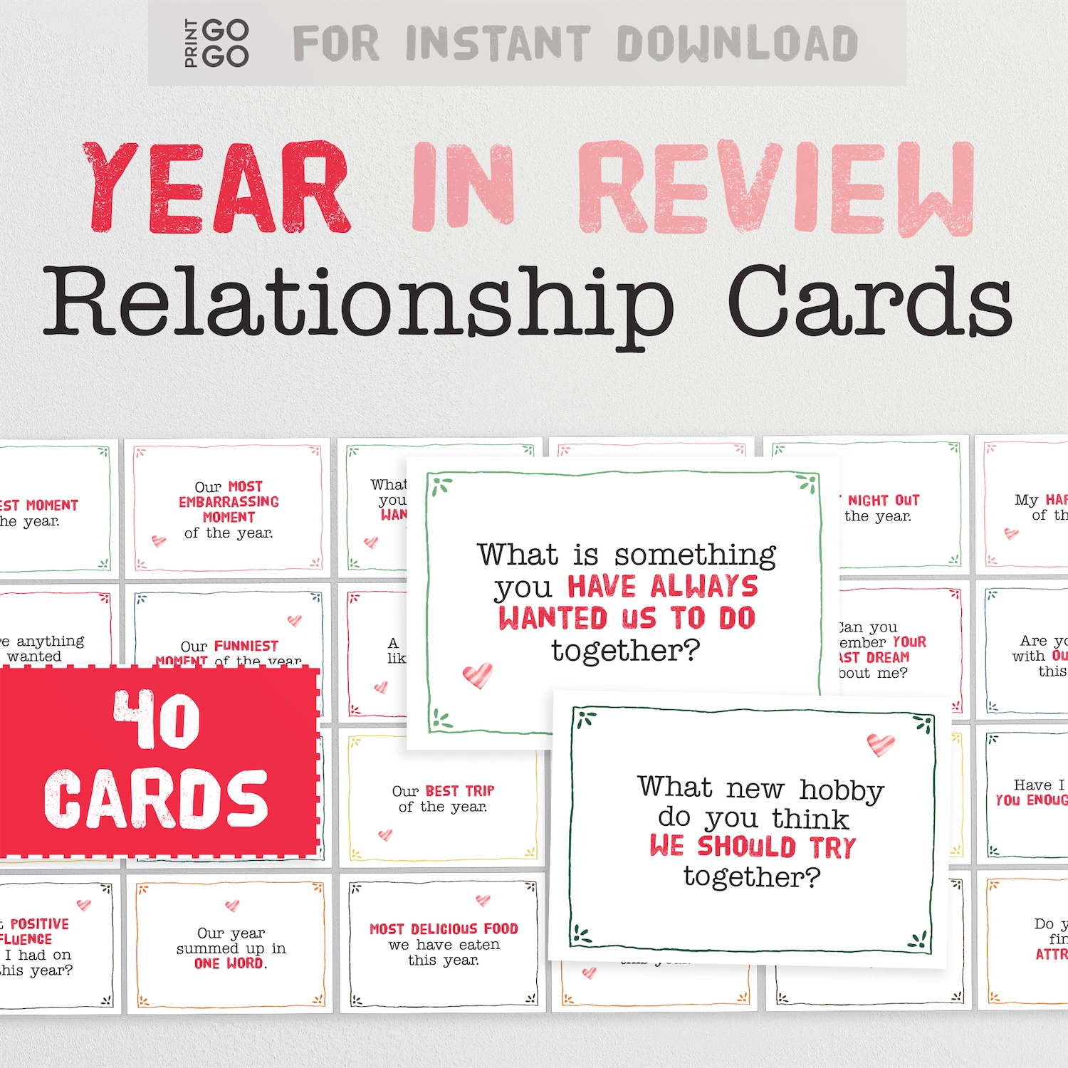 💞 Year in Review Relationship Cards | 40 Questions for Couples – Print GoGo