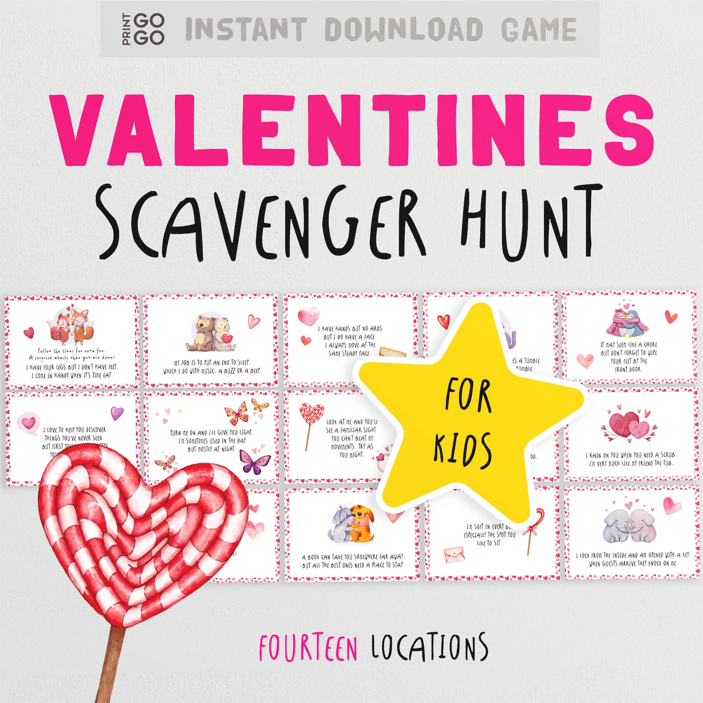 Valentine's Scavenger Hunt game for kids with heart-themed cards.