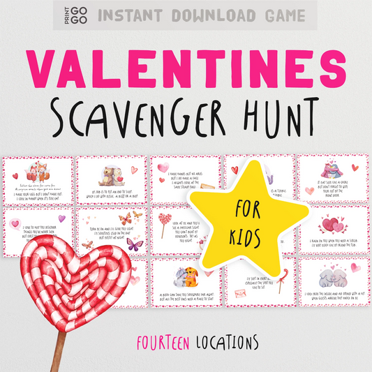 Valentine's Scavenger Hunt game for kids with heart-themed cards.