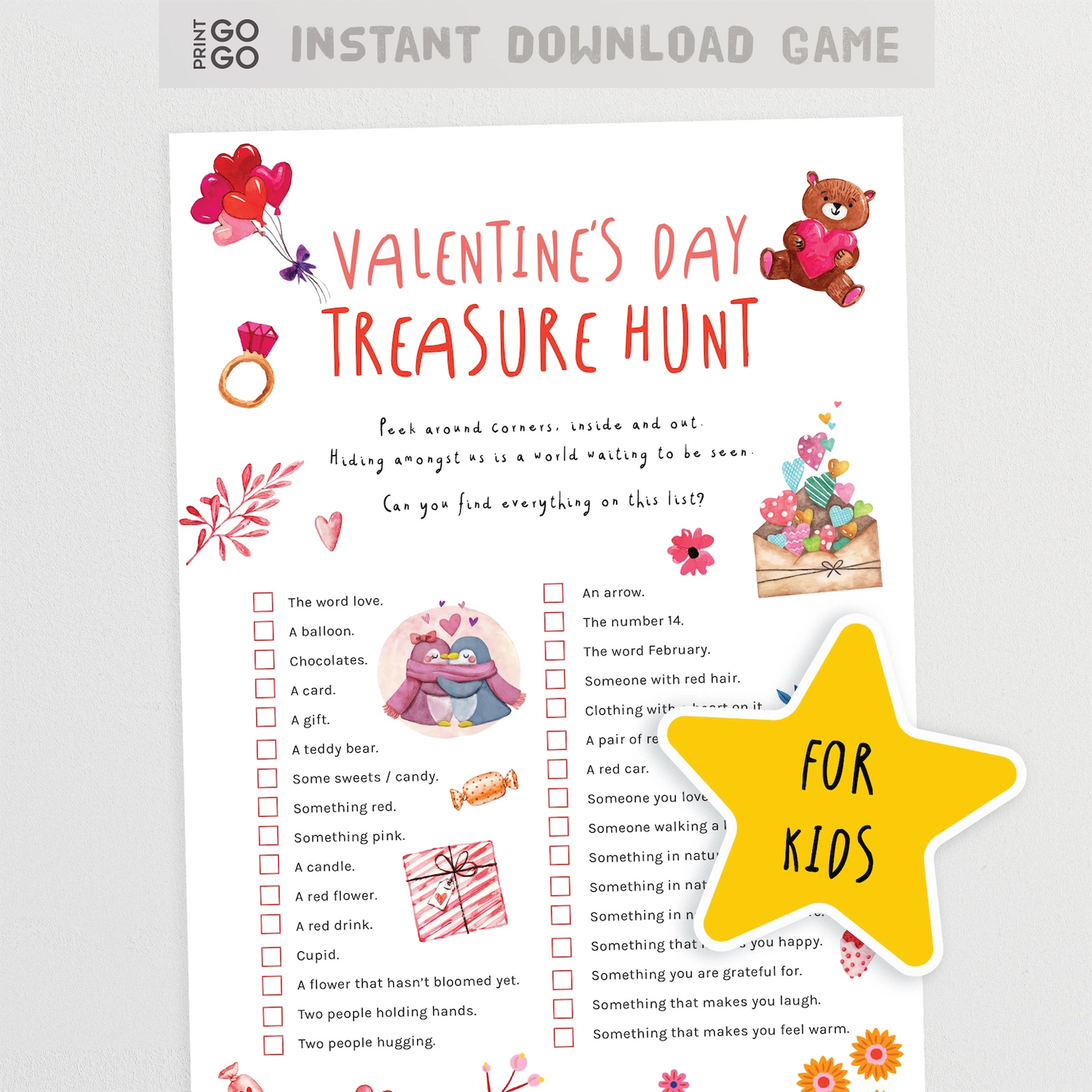 Valentine's Day treasure hunt game sheet for kids with colorful graphics and a yellow star label.