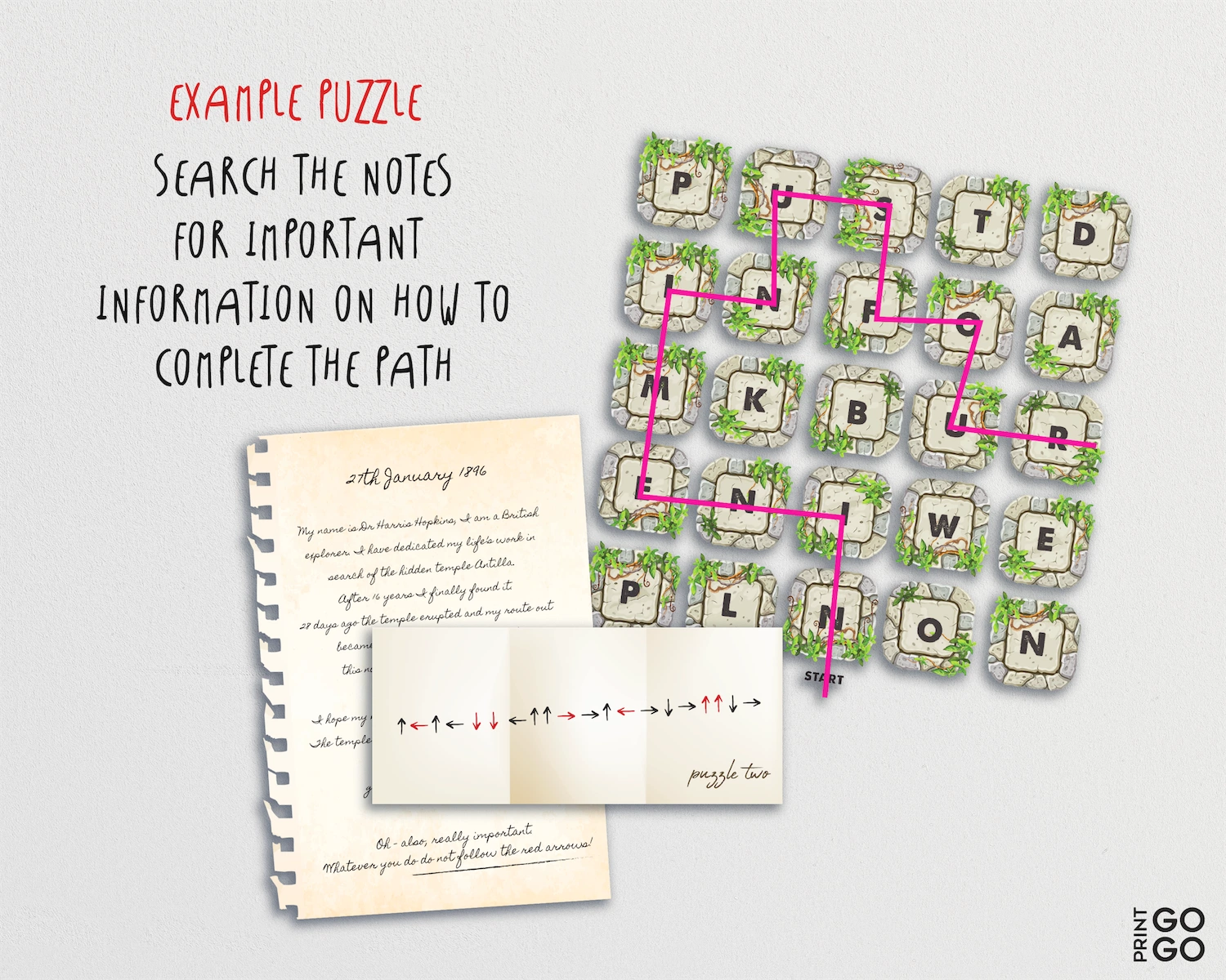 Puzzle with letters on a notebook and paper with text