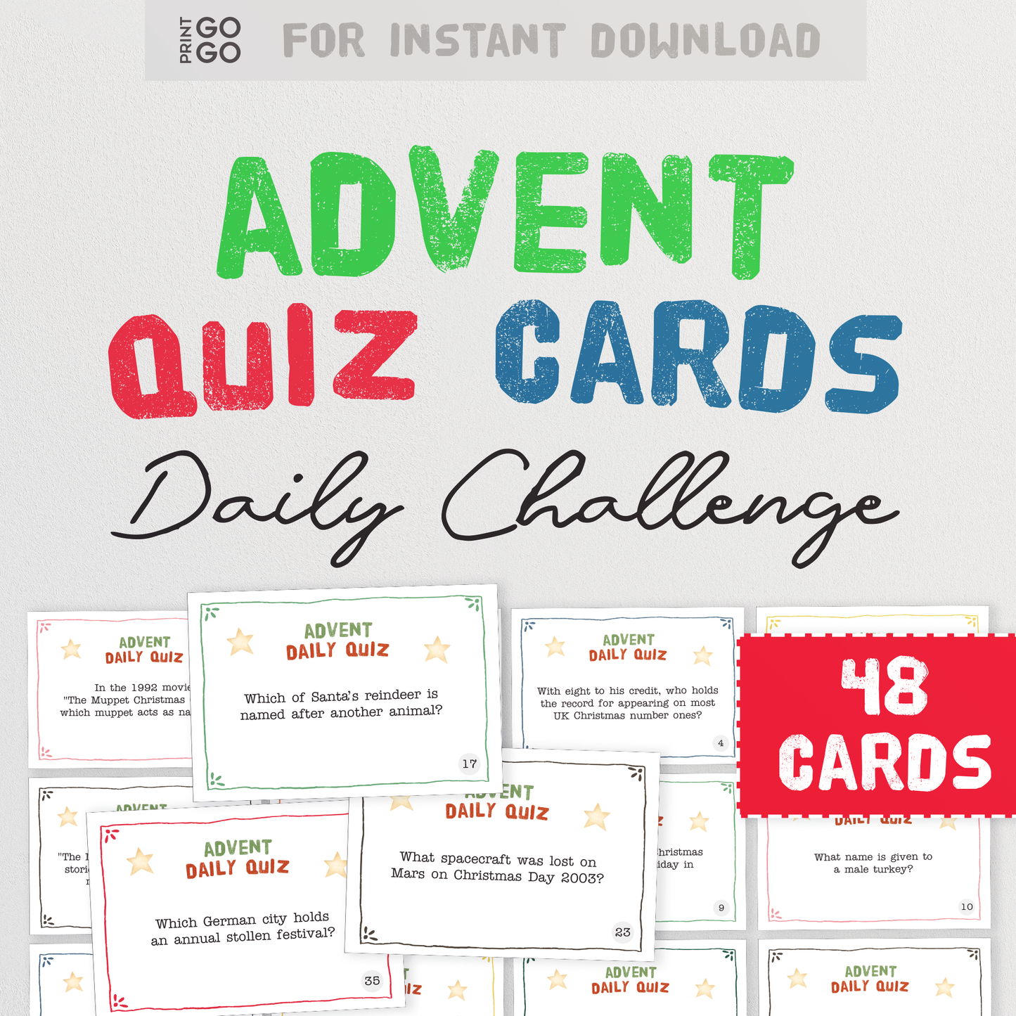 Quiz Advent Cards - A Fun Way to Countdown Christmas | 48 Christmas Advent Calendar Cards | Daily Holiday Quiz Questions | Christmas Trivia