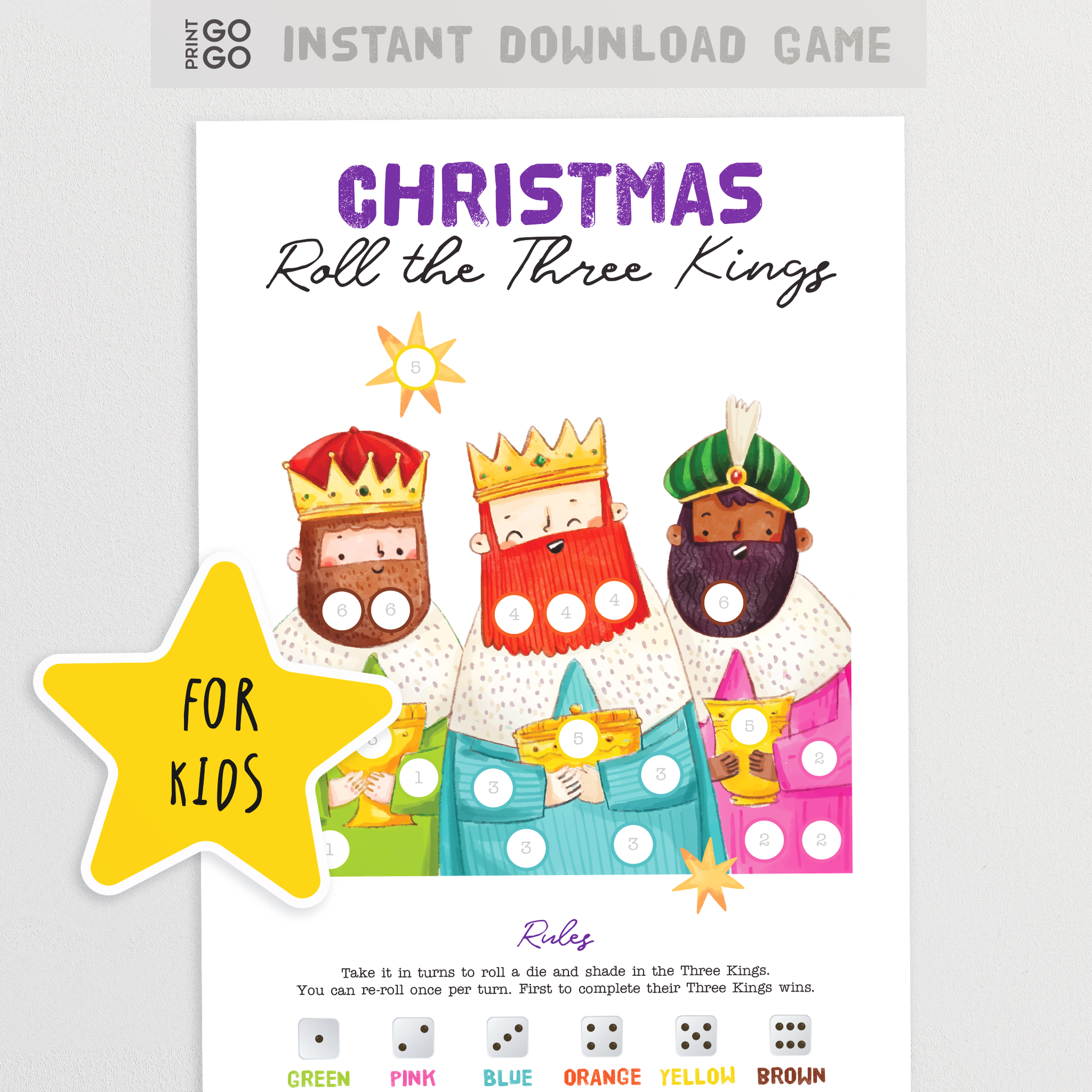 Roll the Three Kings Christmas Dice Game - The Fun Christian Holiday Party Game for Kids | Nativity Dice Game | Printable Church Activity