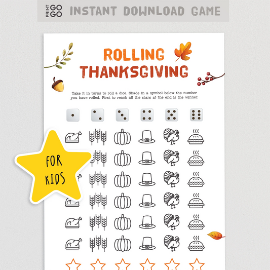 Thanksgiving-themed game sheet for kids with dice and symbols on a white background.