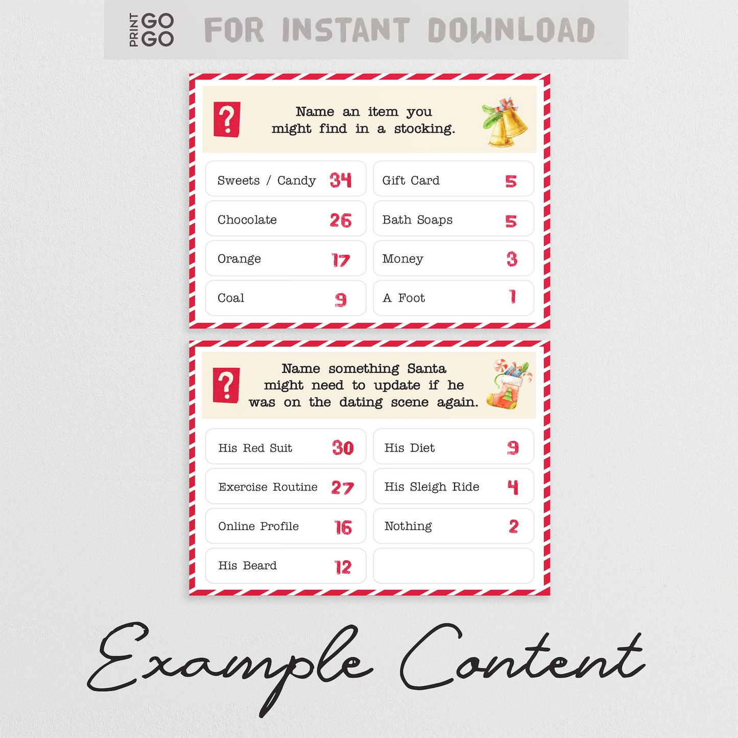 Printable Christmas-themed question cards from family face-off party game.