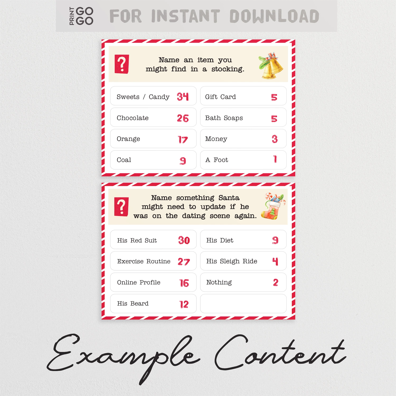 Printable Christmas-themed question cards from family face-off party game.