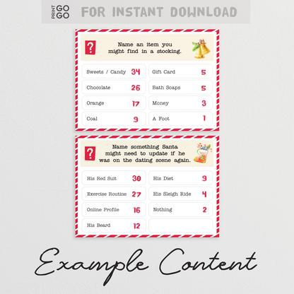 Printable Christmas-themed question cards from family face-off party game.