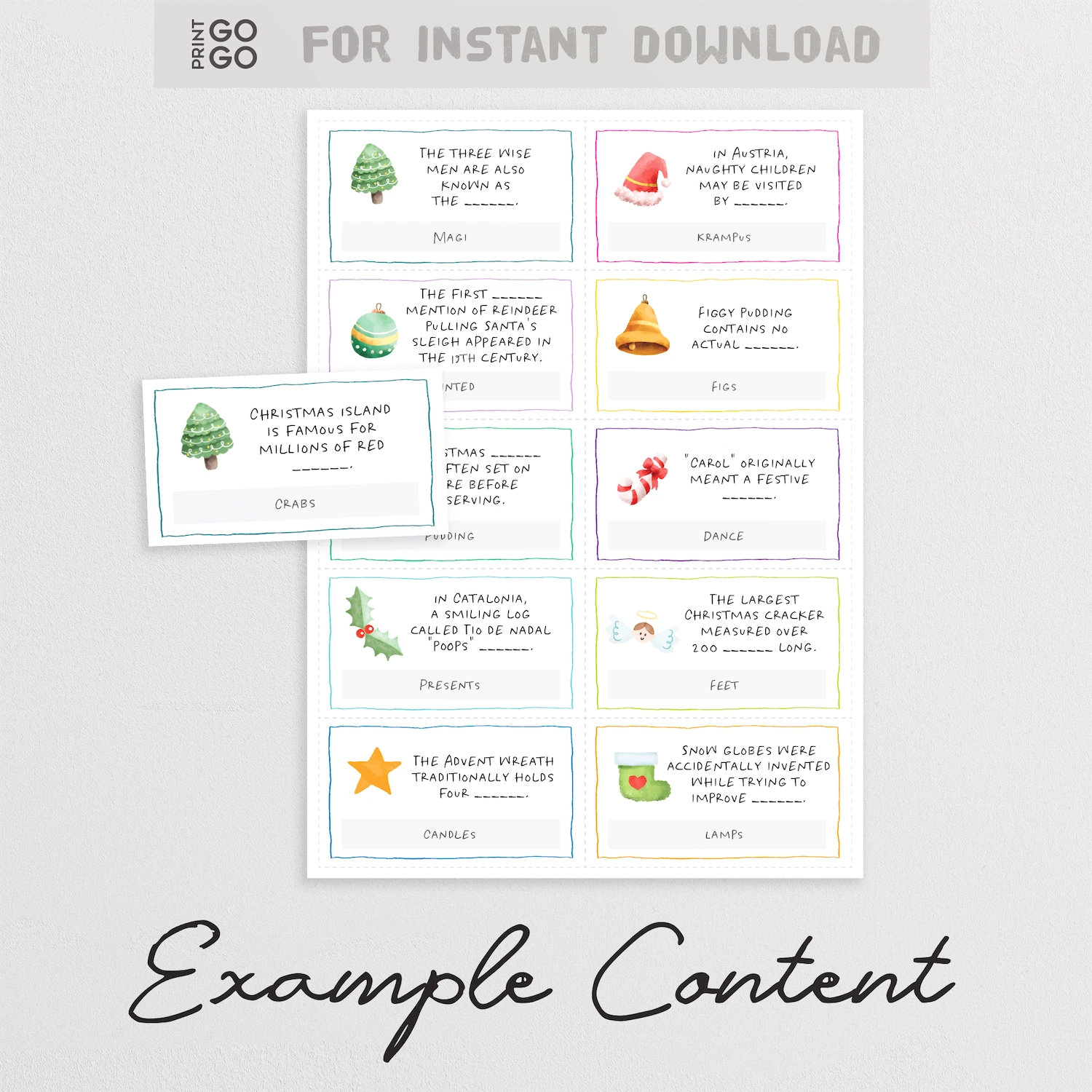 Sample cards from Christmas 'Final Word' trivia party game.