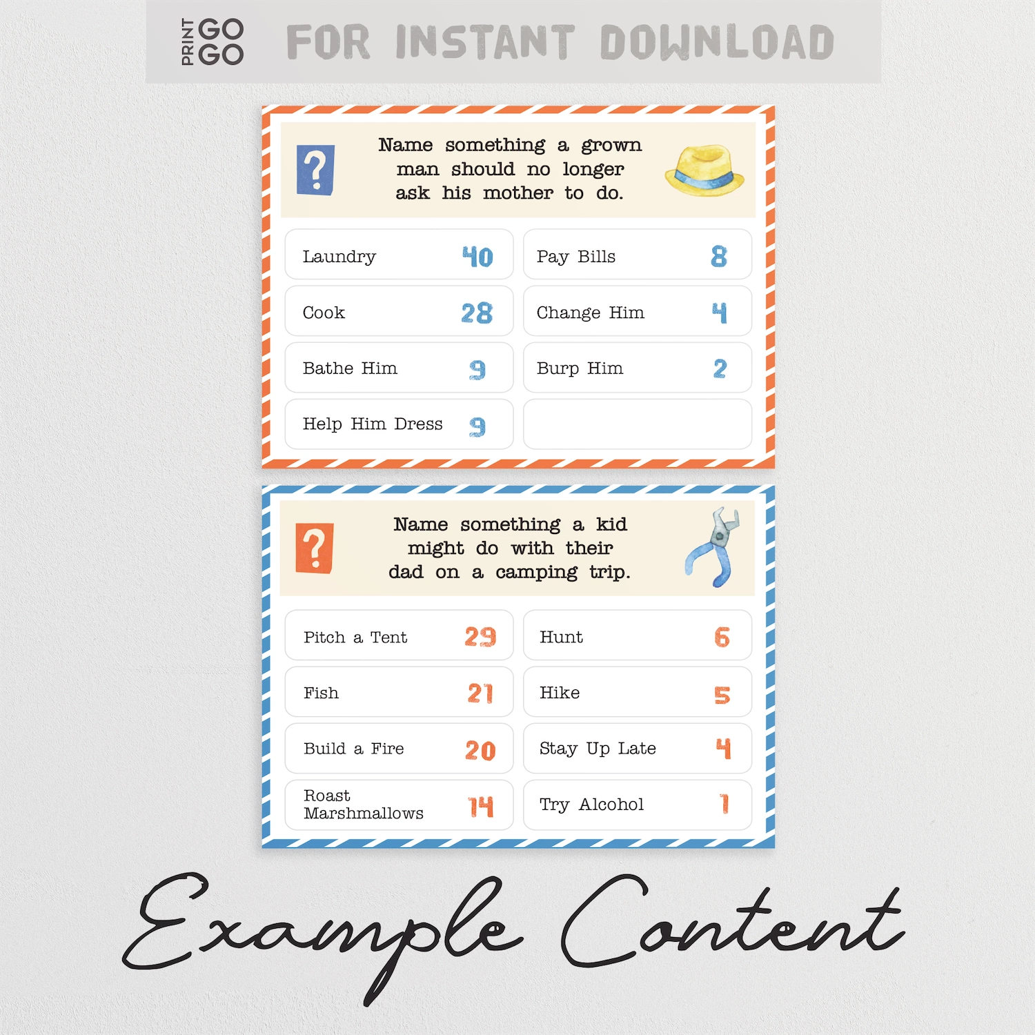 Printable game cards with humorous prompts on a light gray background