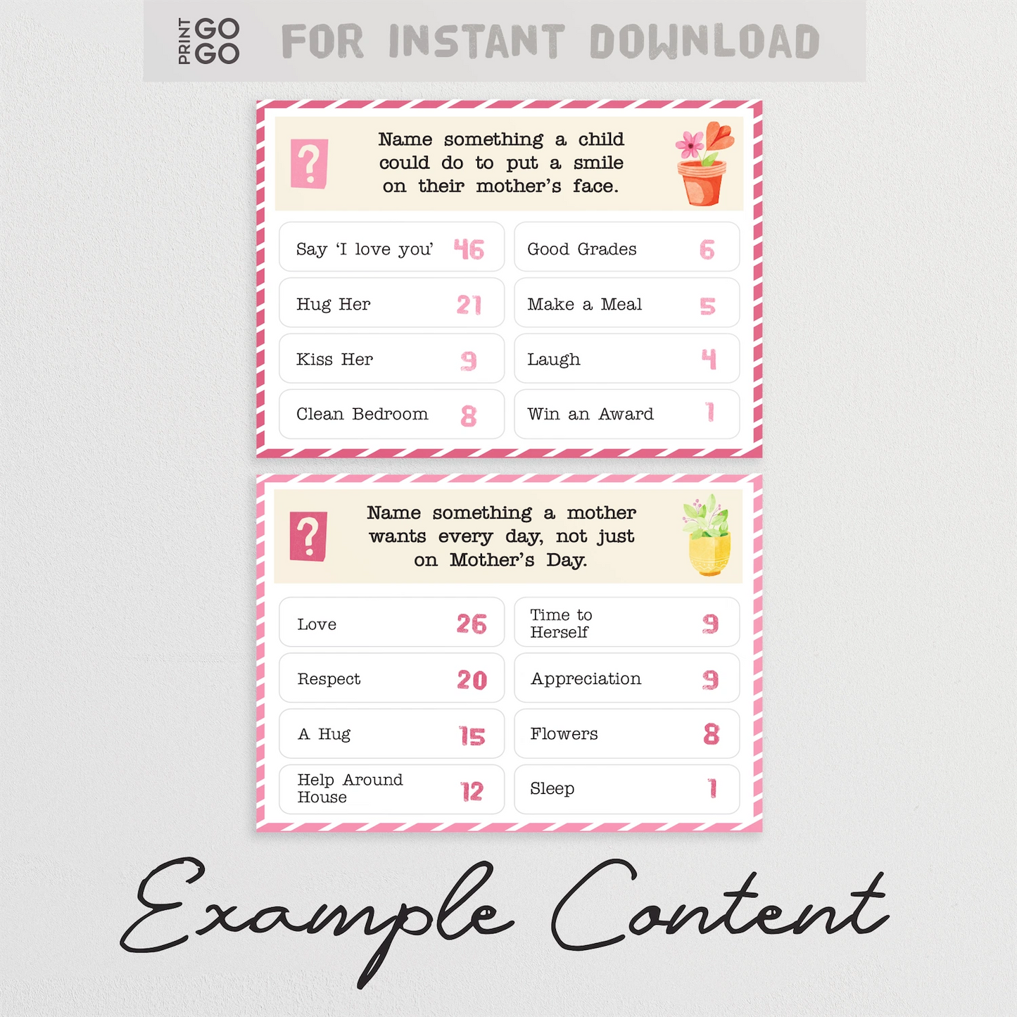 Printable mothers day question cards.