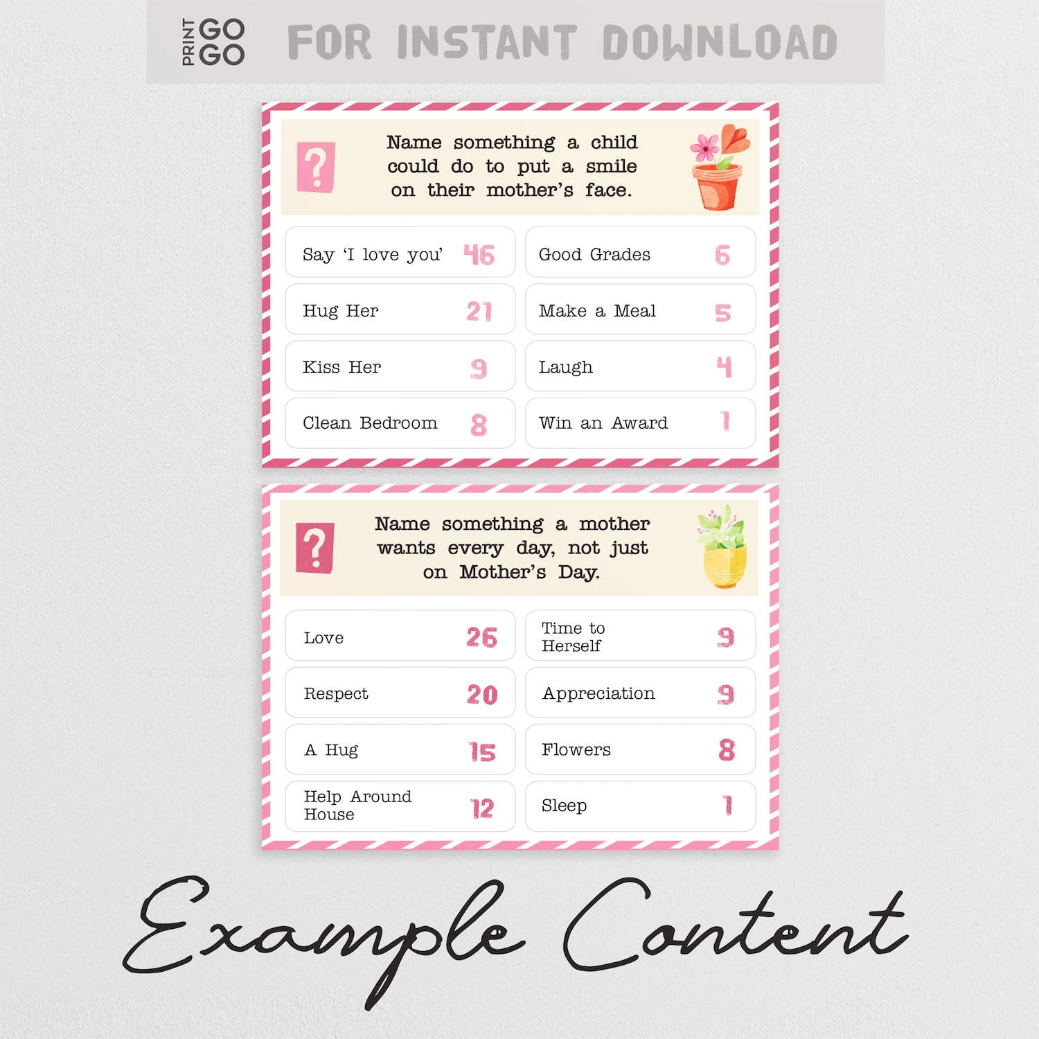 Printable mothers day question cards.