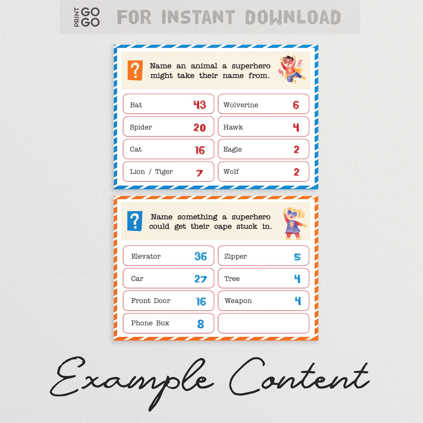 Example question cards from 'Superhero Face-Off' a fun printable party game for kids.