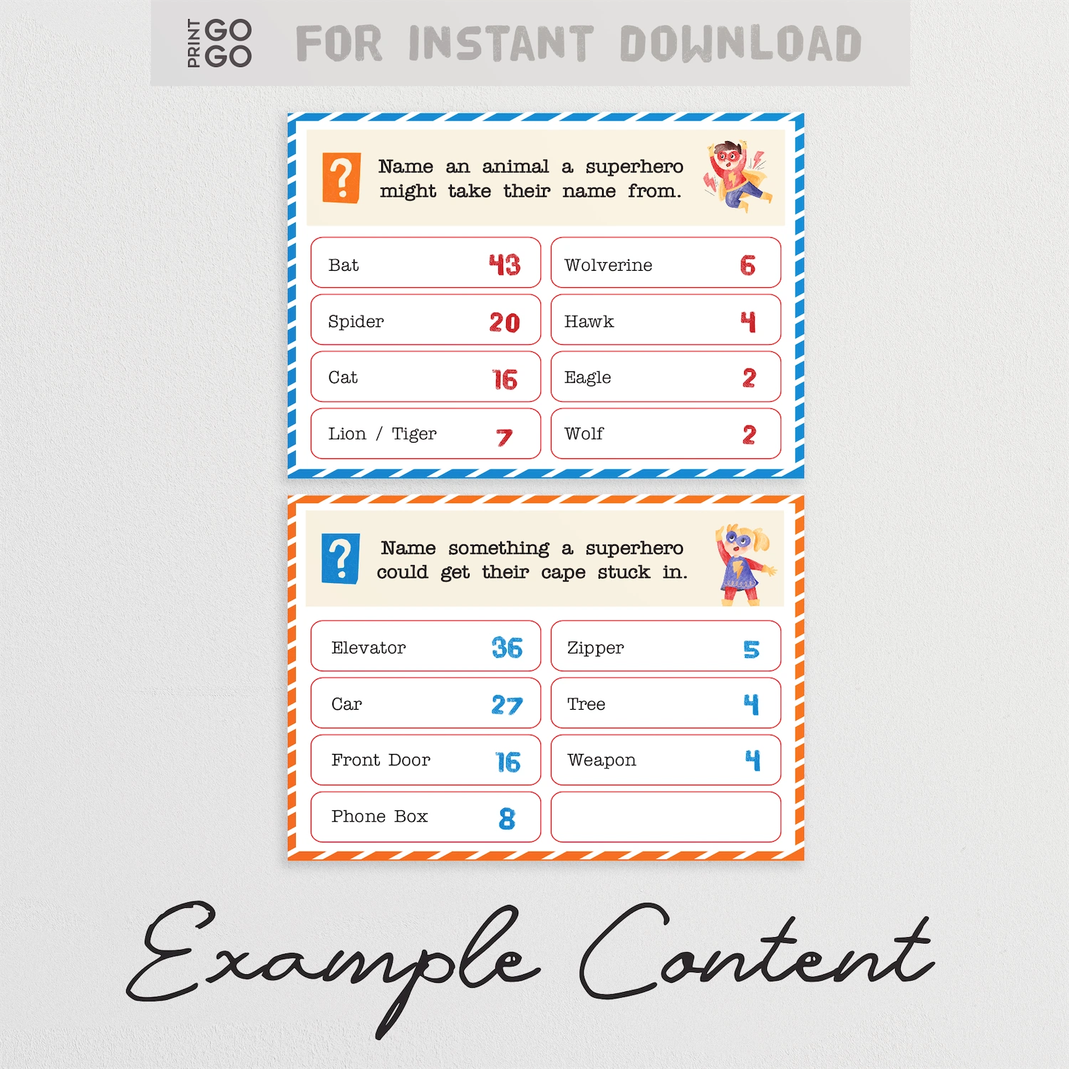 Example question cards from 'Superhero Face-Off' a fun printable party game for kids.