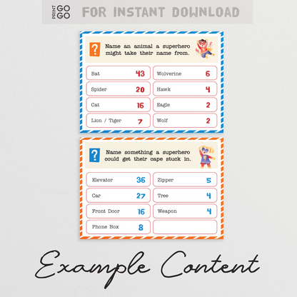 Example question cards from 'Superhero Face-Off' a fun printable party game for kids.