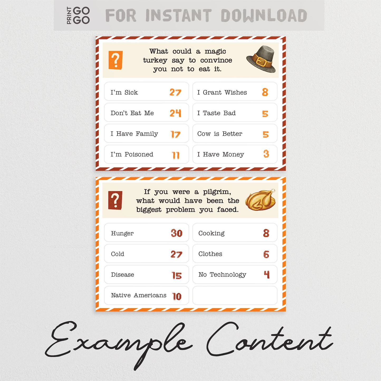 Two cards with Thanksgiving-themed questions and answers on a light gray background.