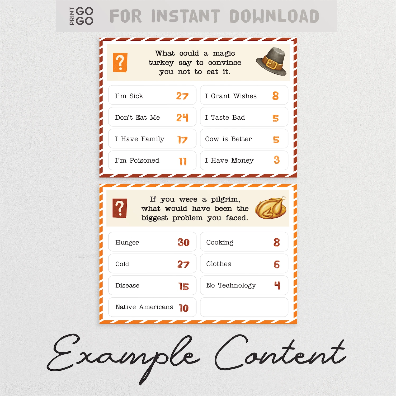 Two cards with Thanksgiving-themed questions and answers on a light gray background.