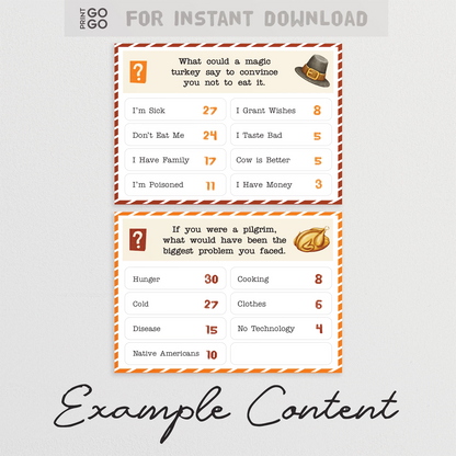 Two cards with Thanksgiving-themed questions and answers on a light gray background.