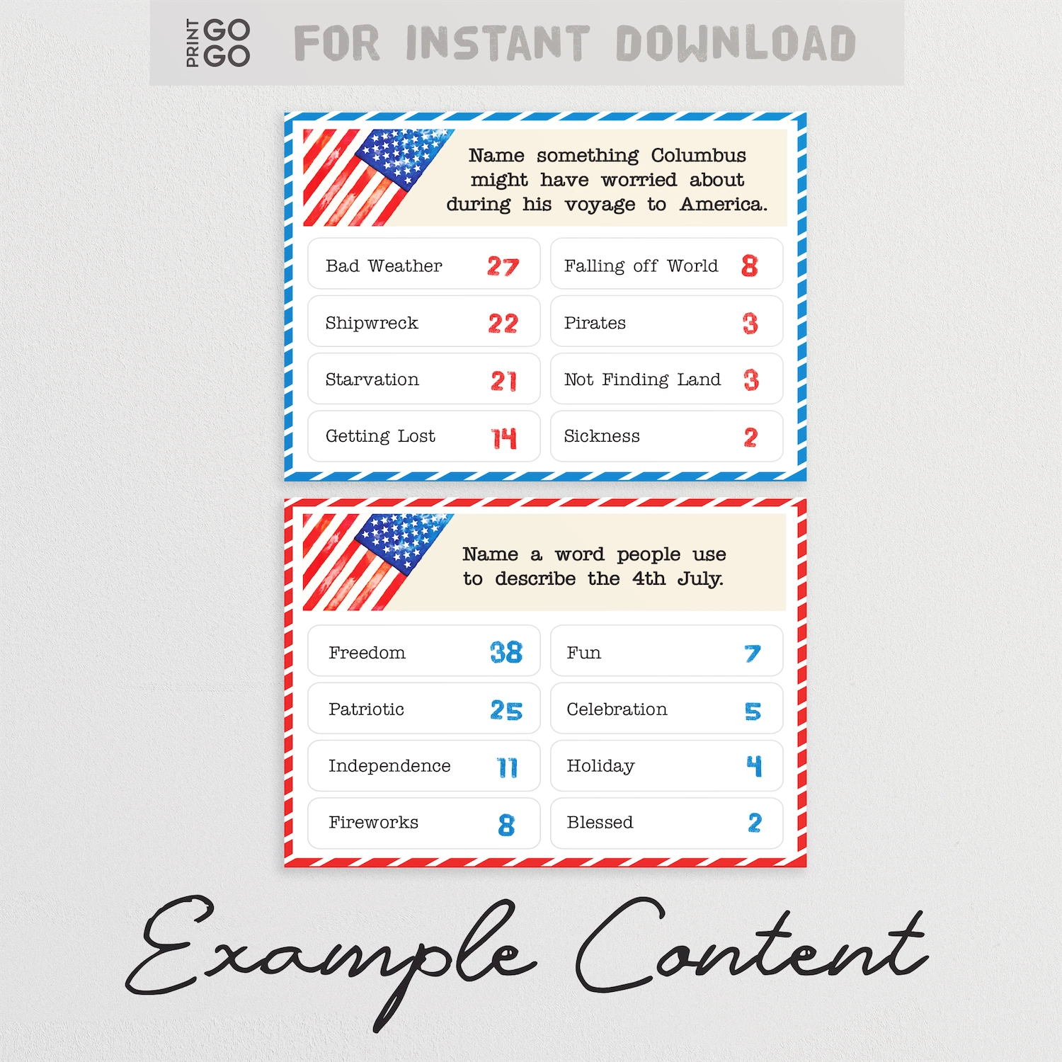 Sample cards from printable party called USA Face-Off