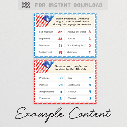 Sample cards from printable party called USA Face-Off