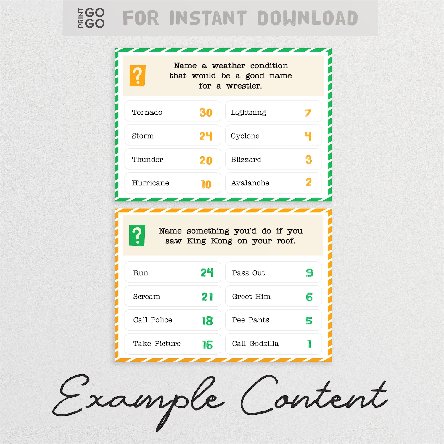 Printable game cards with humorous questions and answers on a gray background