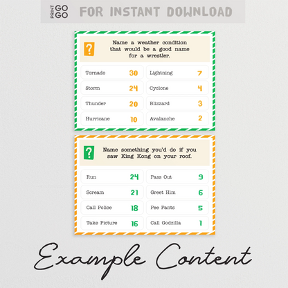 Printable game cards with humorous questions and answers on a gray background