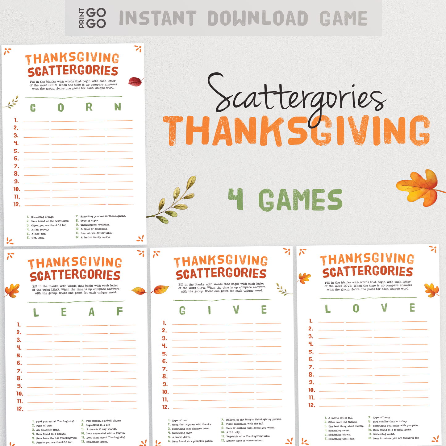 Thanksgiving Scattergories Bundle - A Fun Party Game for Groups