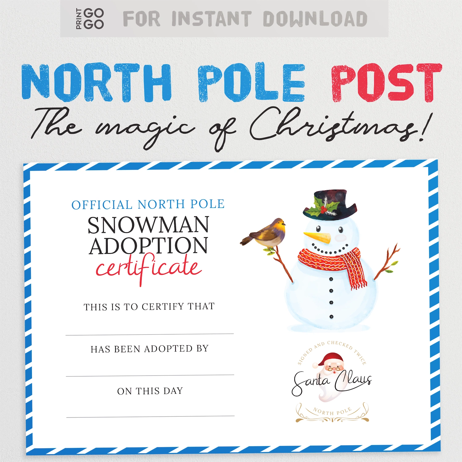North Pole Post snowman adoption certificate with a snowman illustration on a white background.