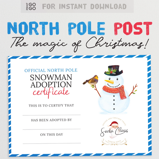 North Pole Post snowman adoption certificate with a snowman illustration on a white background.