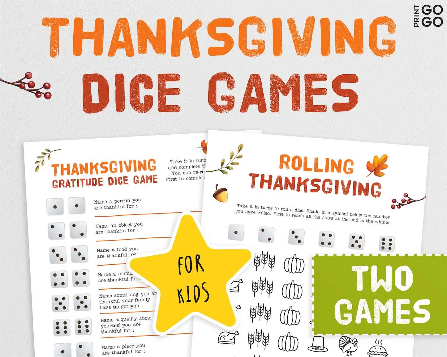 Thanksgiving dice games for kids with two game sheets on a white background.