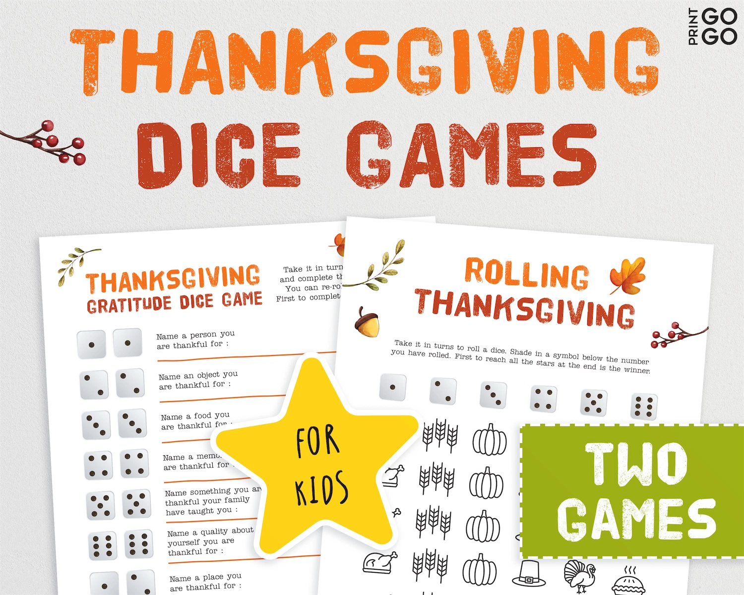 Thanksgiving dice games for kids with two game sheets on a white background.