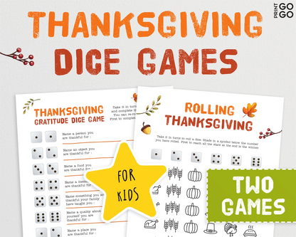 Thanksgiving dice games for kids with two game sheets on a white background.