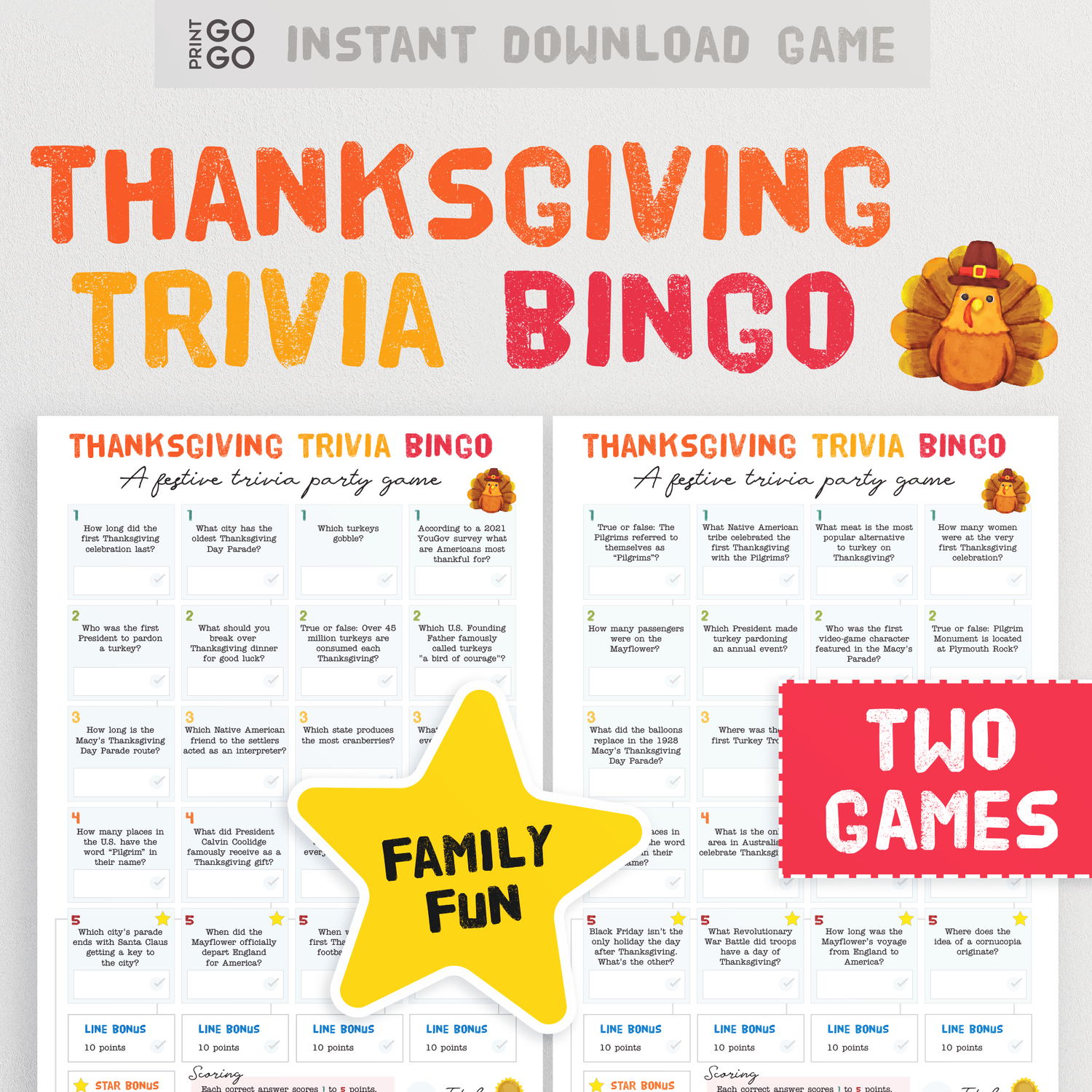 Thanksgiving Trivia Bingo - Test Your Holiday Knowledge With This Fun Family Quiz Party Game | USA Holiday Quiz Questions | Group Game