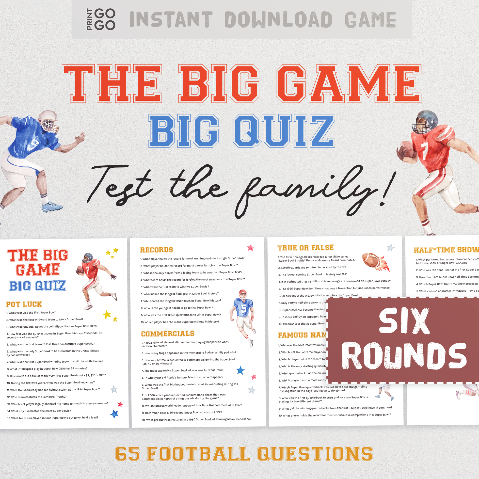 Super Bowl 'The Big Game' Trivia Quiz - 65 Football Quiz Questions! – Print  GoGo