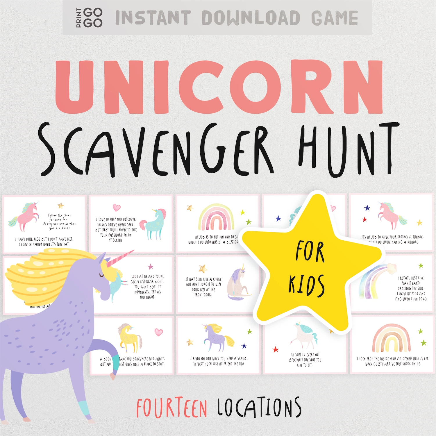Unicorn Scavenger Hunt game for kids with a star and text on a white background