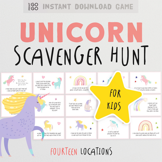 Unicorn Scavenger Hunt game for kids with a star and text on a white background