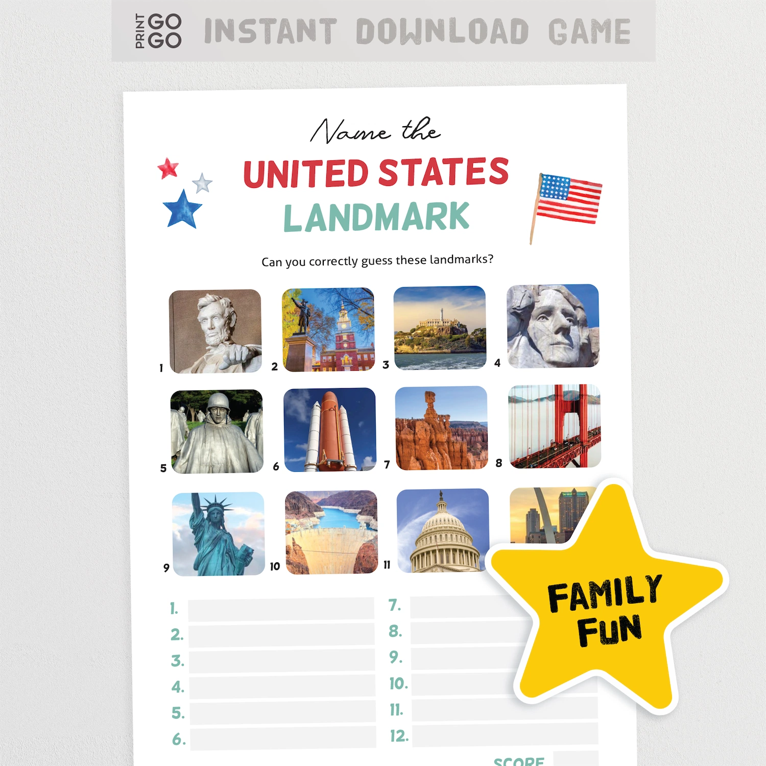 Guess the United States landmark game with images and a yellow star labeled 'Family Fun'.