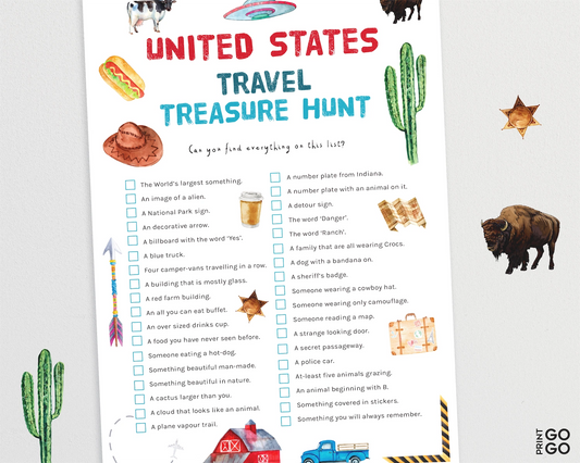 USA travel treasure hunt sheet with illustrations and text on a white background