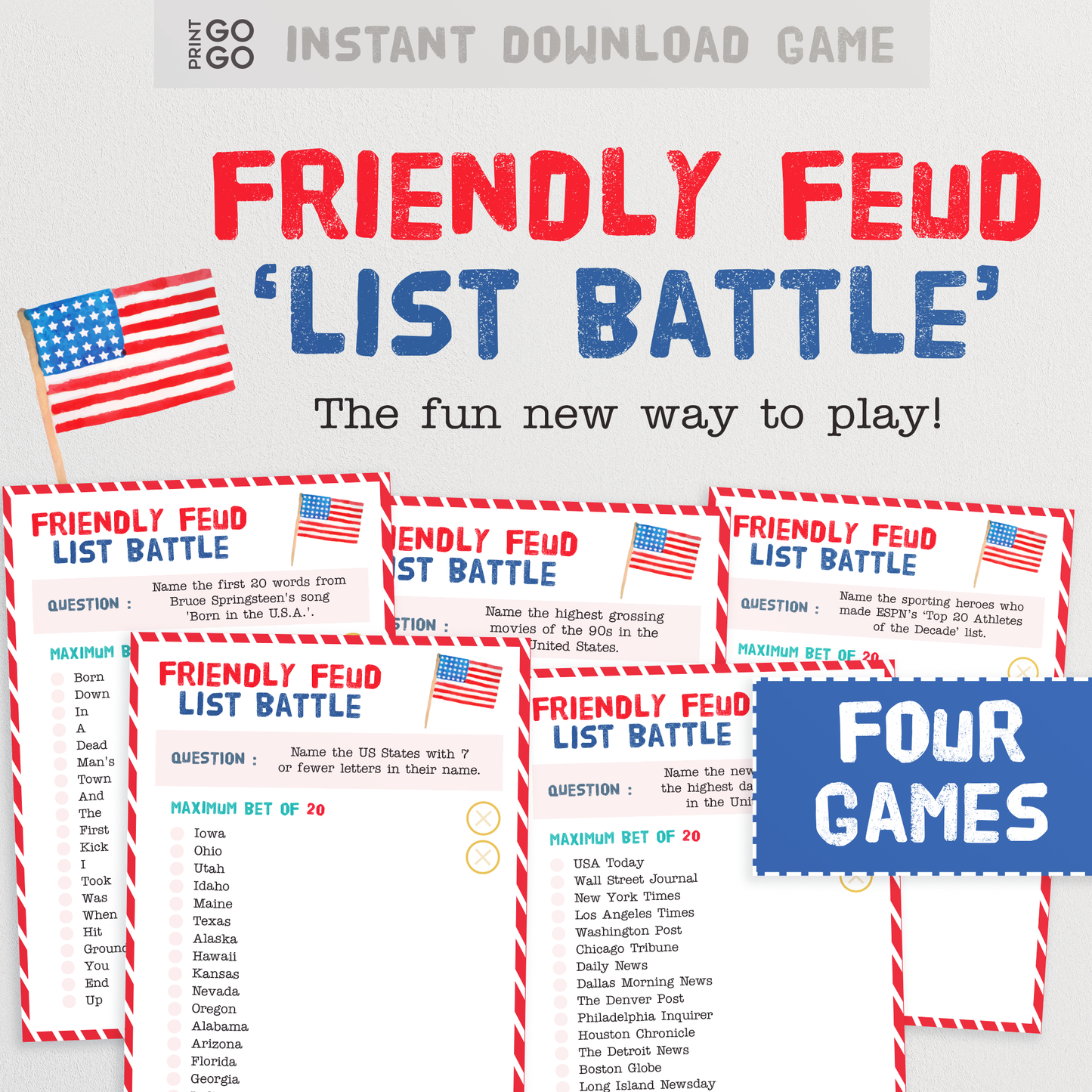 USA 4th of July Game Bundle - Family Party Games and Activities for Everyone