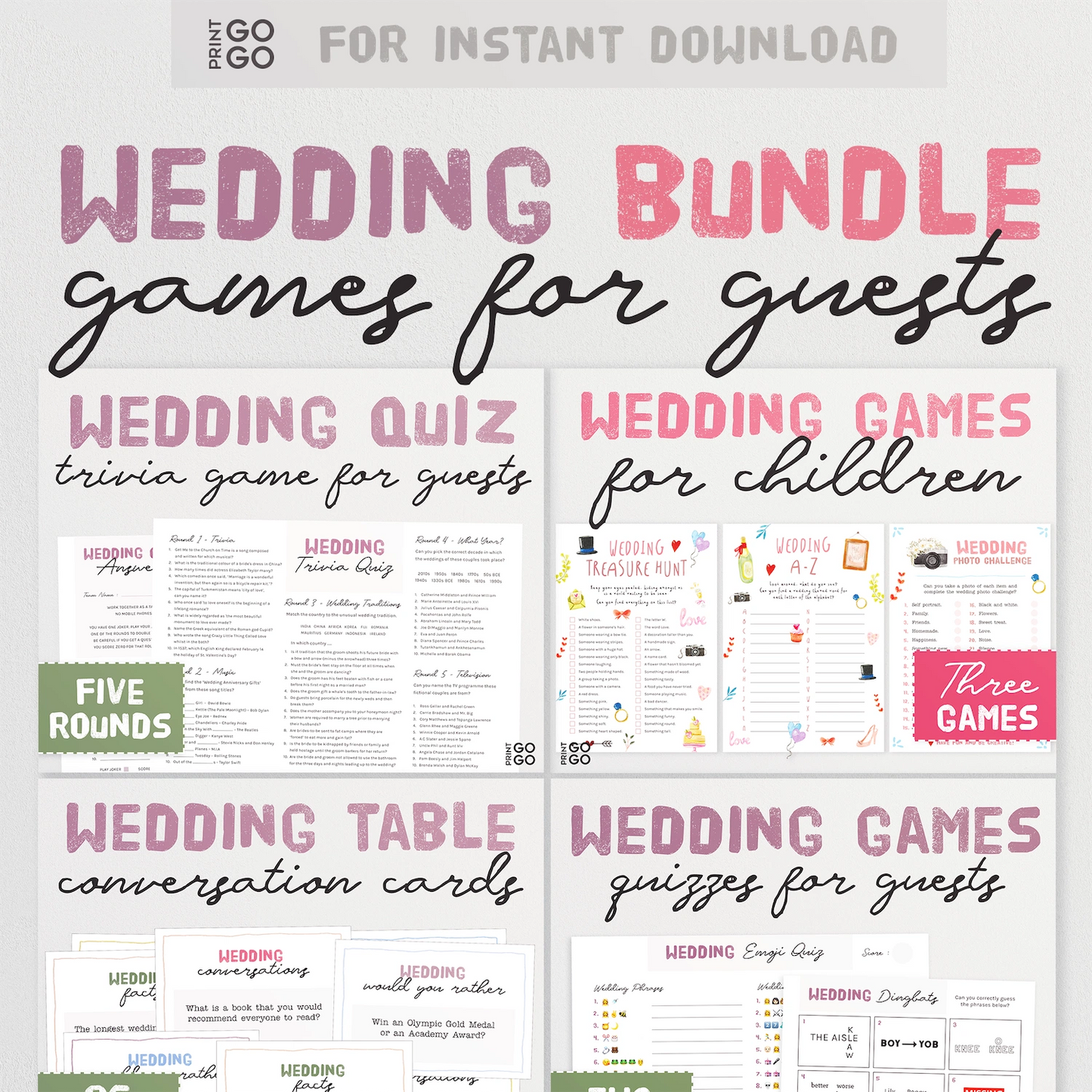 Wedding game bundle for guests with various activities on a white background