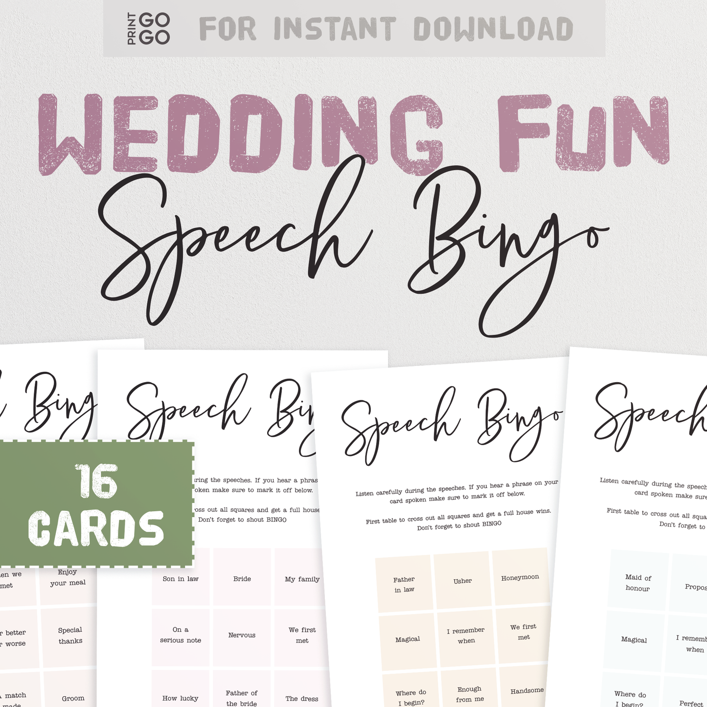 16 Wedding Speech Bingo Cards - An Ice Breaker Table Game for Guests