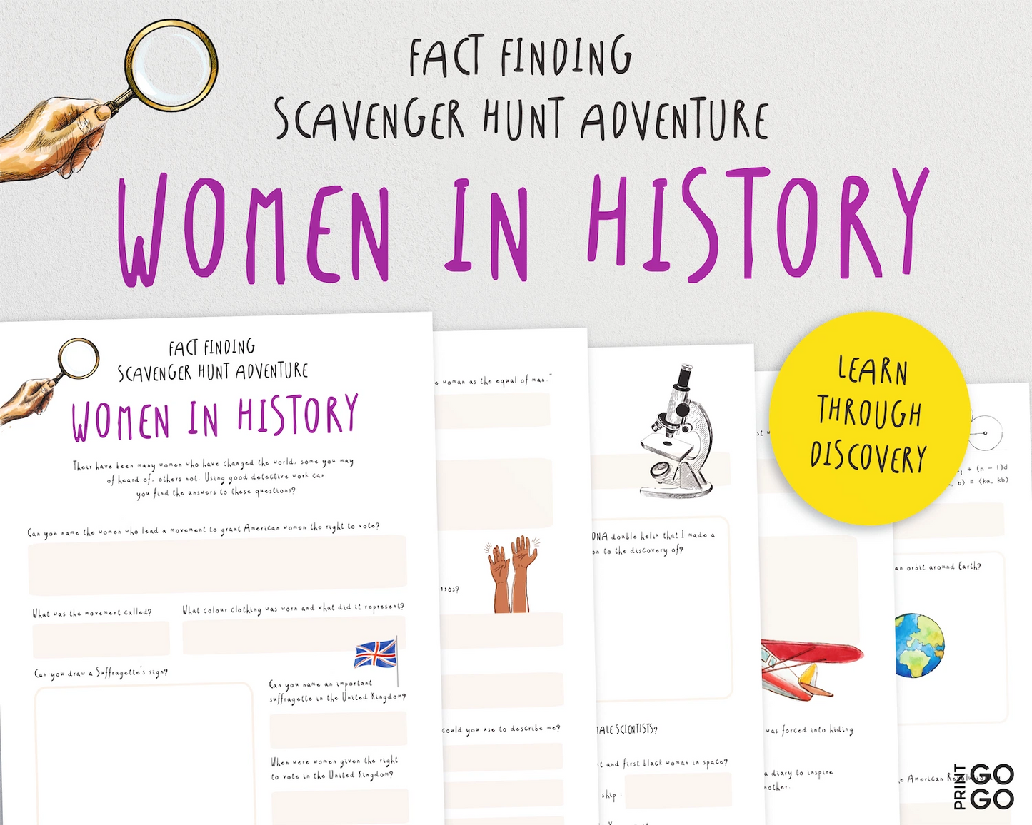 Scavenger hunt adventure book titled 'Women in History' with text and images on a white background.