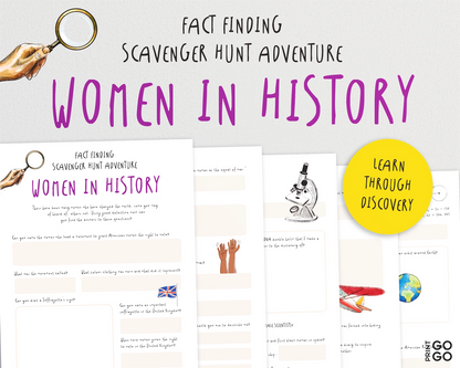 Scavenger hunt adventure book titled 'Women in History' with text and images on a white background.
