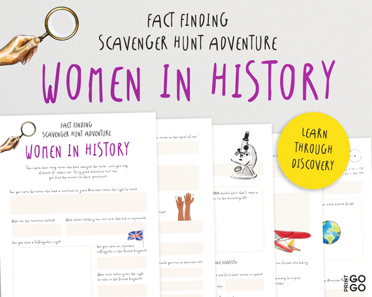 Scavenger hunt adventure book titled 'Women in History' with text and images on a white background.