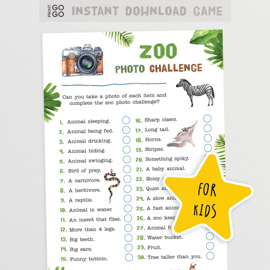Zoo photo challenge worksheet for kids with a camera icon and zebra illustration on a white background.