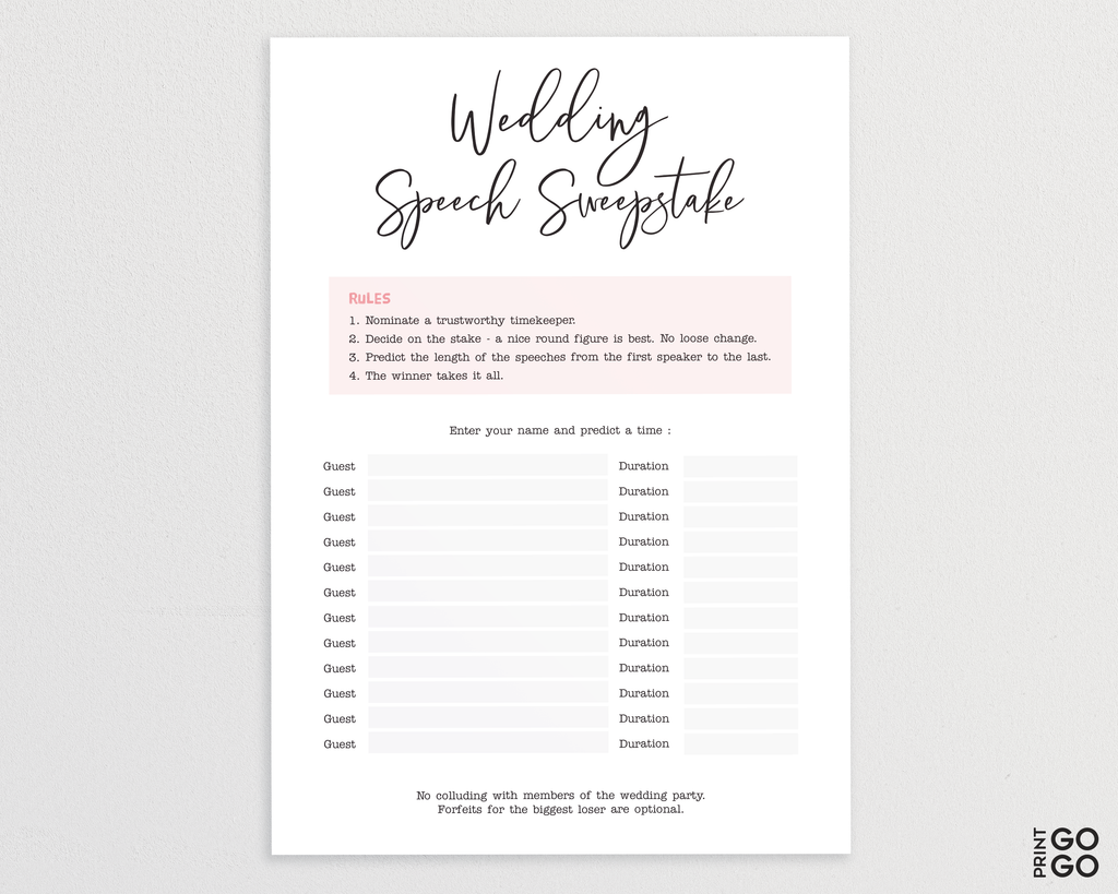 Wedding Speech Sweepstake Game Table Ice Breaker Game for Guests