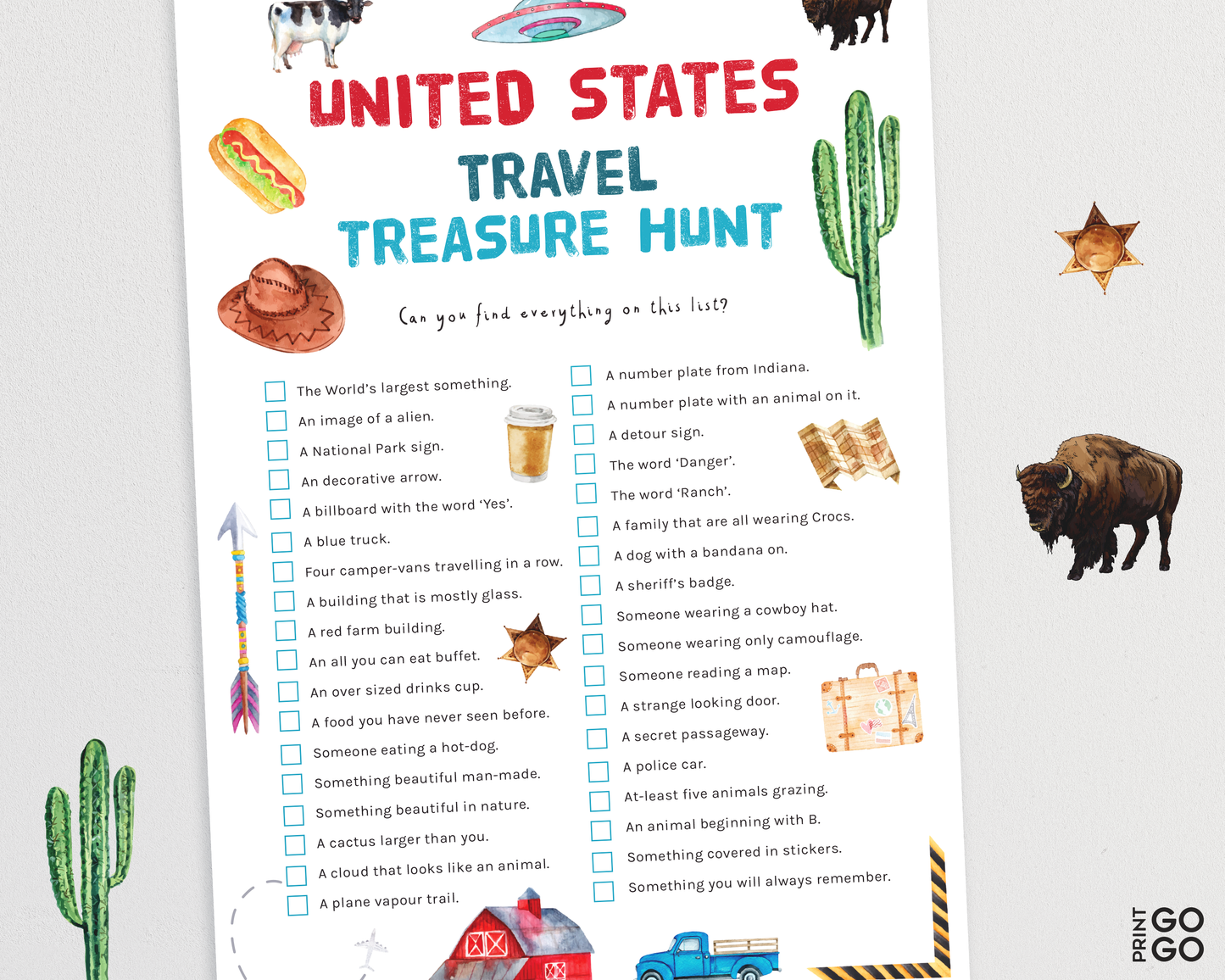 Spark curiosity in kids and keep them entertained on your holiday, or staycation, in the United States. Can they find all the items on the list?